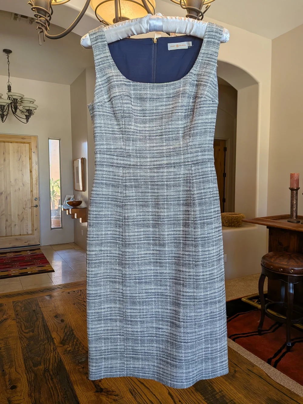 Tory Burch Navy and Gray Tweed Midi Sheath Dress Size 2